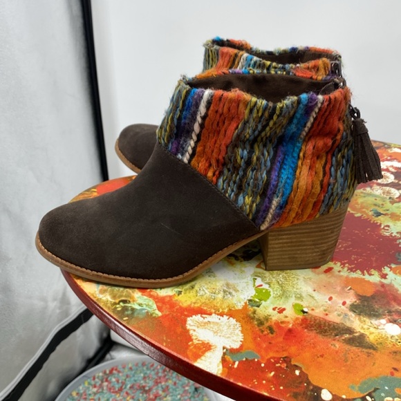 Toms Leila Sweater Knit Ankle Boots Womens Sz 10 Brown Suede Textile Block Heels - Picture 6 of 10